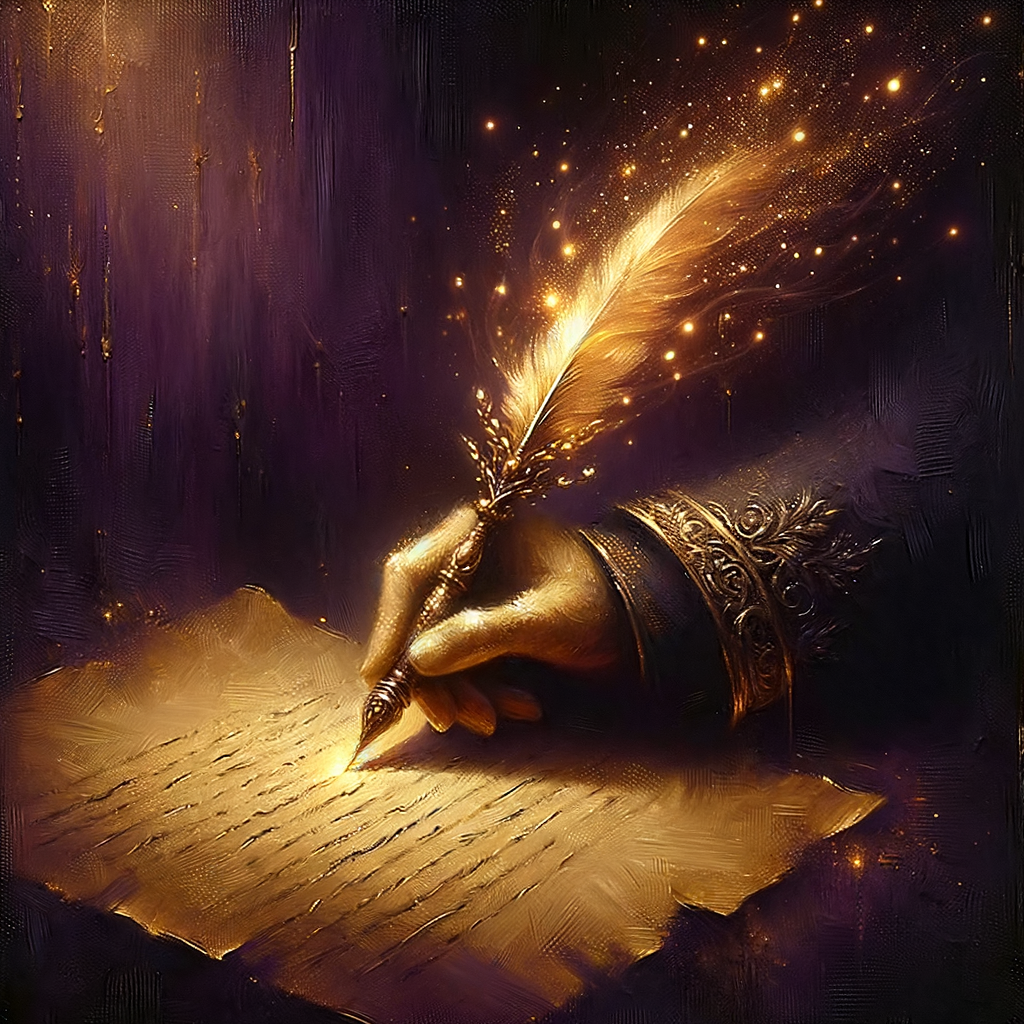 A quill pen trailing golden ink across a blank page, sparks of light forming words
