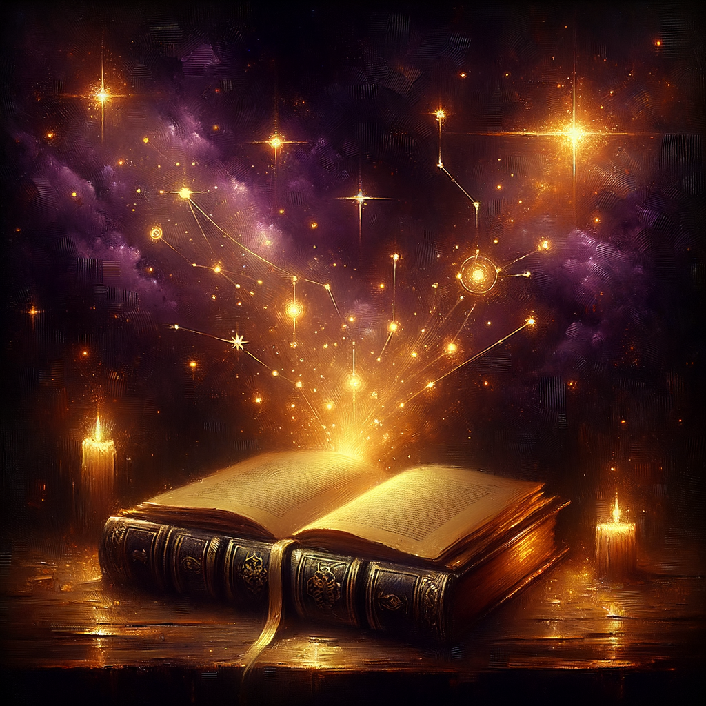 An ancient book radiating golden light, constellations forming above its open pages
