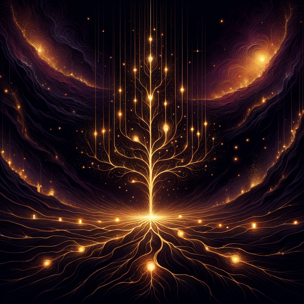 Golden threads splitting into multiple branching paths through a starlit void